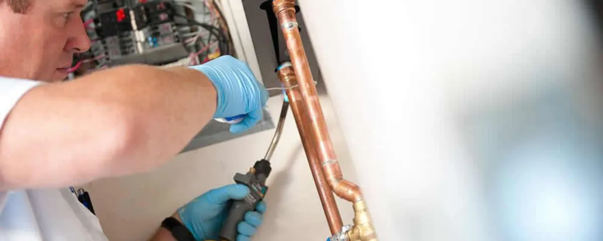 Water heater repair technician testing copper pipe connections and controls in San Jose, CA